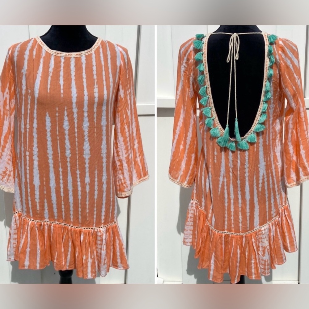 Saks Fifth Avenue Orange White Tie Dye Tassel Swimsuit Coverup Size Medium